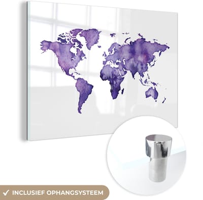 ® Glasschilderij 180x120 cm - Schilderij acrylglas - Wereldkaart - Aquarel - Paars - Foto op glas - Muurdecoratie woonkamer - Wanddecoratie slaapkamer - Schilderijen