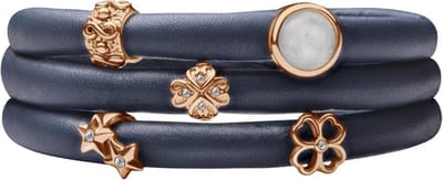 Quiges - Leren Wikkelarmband Blauw 60cm met Aanschuif Bedels Roségoudkleurig - RVS Magneetsluiting - ELBS111