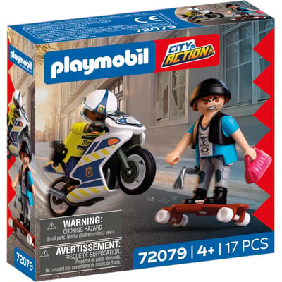 PLAYMOBIL City Action Politie Motorachtervolging | Politieagent achtervolgt dief op longboard | Stimuleert creativiteit | Kinderspeelgoed voor kinderen vanaf 4 jaar | 72079