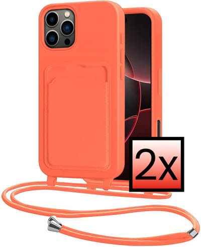 Hoes Geschikt voor iPhone 16 Pro Hoesje Pasjeshouder Cover Met Koord Case Siliconen Hoes Met Telefoonkoord en Kaarthouder - Papaya - 2 PACK