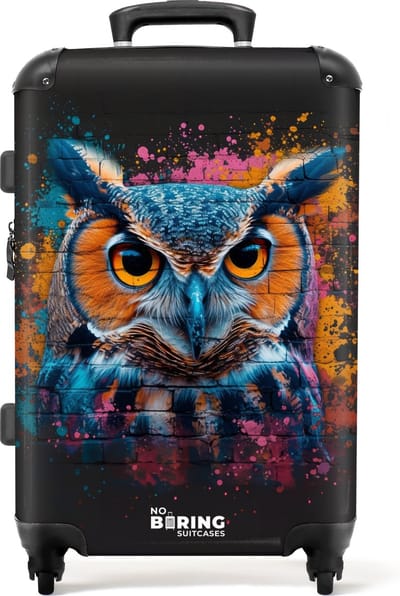 NoBoringSuitcases.com® - Koffer groot - Rolkoffer lichtgewicht - Uil in kleurrijke graffiti stijl - Reiskoffer met 4 wielen - Grote trolley XL - 20 kg bagage