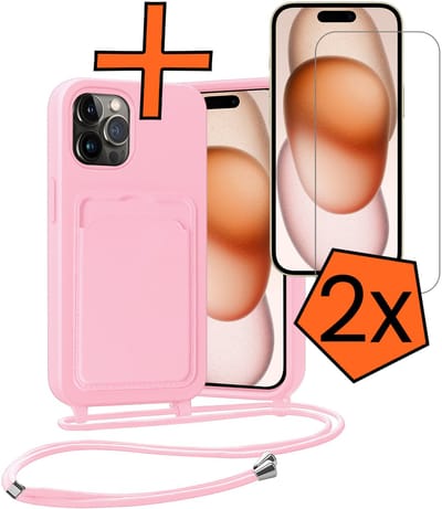 Hoesje Geschikt voor iPhone 14 Pro Hoesje Met Telefoonketting Pasjeshouder Case Met 2x Screenprotector Koord - Hoesje Geschikt voor iPhone 14 Pro Hoes Met Kaarthouder - Lichtroze