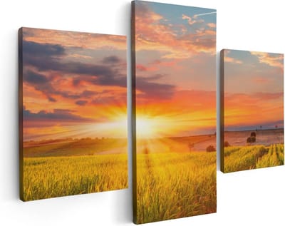 Artaza Canvas Schilderij Drieluik Zonsopgang Op Het Maïsveld - 90x60 - Foto Op Canvas - Canvas Print