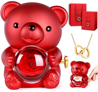 Dailygoods- Eeuwige Roos - Geschenkdoos met Rozen Beer - Echt Cadeau voor Dames - Valentijnsdag - Moederdag - 360° Draaibare Liefdesknop - Rozenbeer