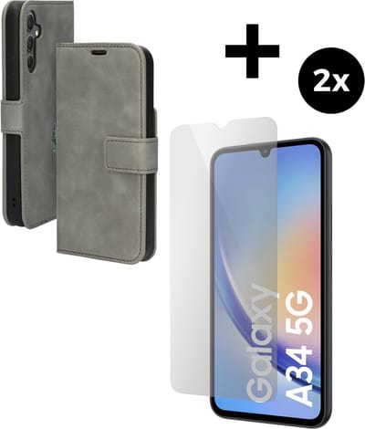 Mobiparts Classic Wallet hoesje geschikt voor Samsung Galaxy A34 (2023) 5G met 2 Screenprotectors van Gehard Glas - Grijs