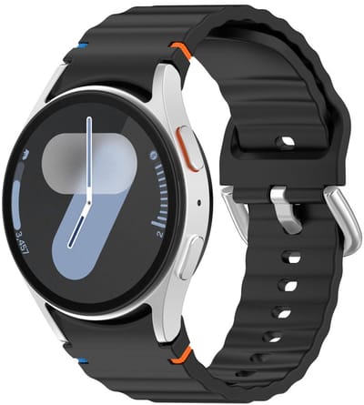 Siliconen wave bandje - geschikt voor Samsung Galaxy Watch 7 (40 & 44mm) / Watch 6 (Classic) / Watch 5 (Pro) / Watch 4 (Classic) / Watch FE - zilveren gespsluiting - zwart