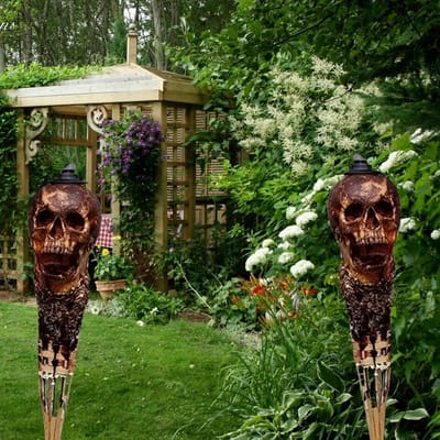 Schedel Tiki Fakkels - Tuin Fakkels - Buiten Verlichting - Griezelig Ontwerp - 30 cm - Zwart