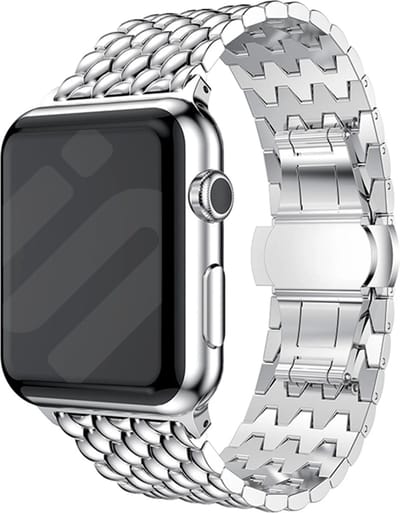 Strap-it Draken stalen band - Geschikt voor Apple Watch bandje - Series 1/2/3/4/5/6/7/8/9/10/11/SE/SE2/SE3 - Zilver - Metalen schakel band met draken patroon - RVS iWatch bandje voor maat: 38 / 40 / 41 / 42mm