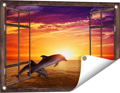 Gards Tuinposter Doorkijk Twee Dolfijnen bij de Zonsondergang - 60x40 cm - Tuindoek - Tuindecoratie - Wanddecoratie buiten - Tuinschilderij