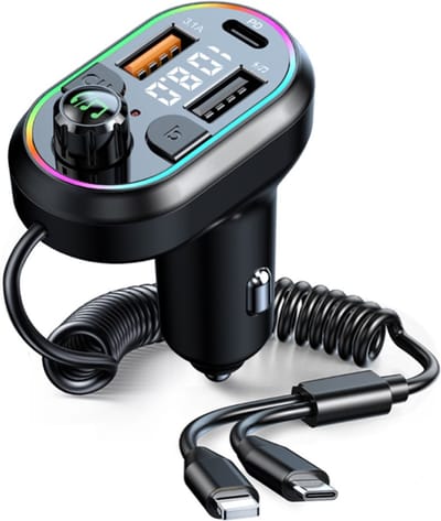 DrPhone CB24 – Bluetooth 5.0 FM Transmitter met Lightning kabel En Usb-C kabel – PD USB C + 2 x Qualcomm 3.0 poorten – Autolader Met LED Licht - Zwart