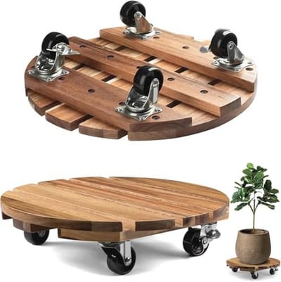 Houten Plantenstandaard met Wielen - Set van 2 - Voor Binnen en Buiten - Sterke Plantenwagons Met Antislip Wielen