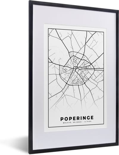 Fotolijst incl. Poster Zwart Wit- België – Poperinge – Stadskaart – Kaart – Zwart Wit – Plattegrond - 40x60 cm - Posterlijst