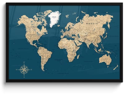 Poster in lijst - Fotolijst 90x60 cm - Posters - Wereldkaart - Donkerblauw - Beige - Posterlijst zwart - Decoratie - Wanddecoratie woonkamer - Muurdecoratie slaapkamer