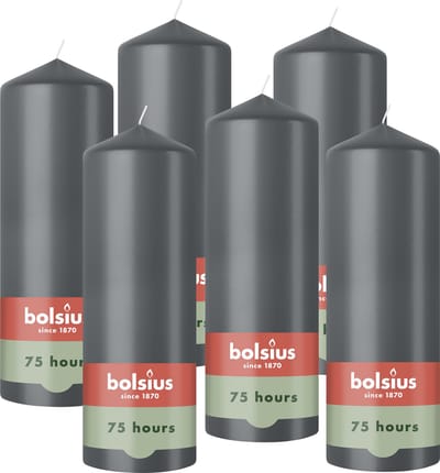 Bolsius - Gladde Stompkaarsen - 6 Stuks - Antraciet - 20cm - 75 Branduren