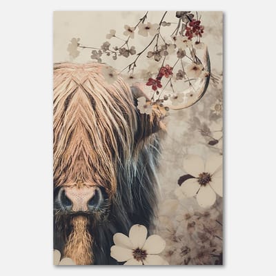 Poster op papier - 40 x 60 cm - Hooglander met bloemen en takken - PosterJunkie