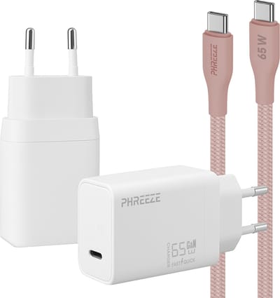 Phreeze usb C oplader 65w met usb C naar usb C kabel roze - Power adapter - PPS fast charger voor telefoon en laptop