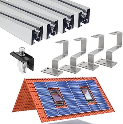 Montageset voor dakpanelen met dakhaken en fotovoltaïsche montagerail - geschikt voor baksteendaken