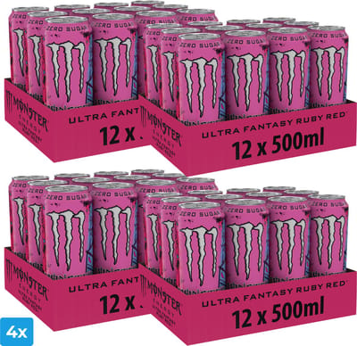 4x Monster Energy - Ultra Fantasy Ruby Red - Suikervrij - Verfrissende smaak (48 blikjes)