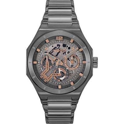 HUGO HU1530378 #GRAIL SKELETON Heren Horloge - Mineraalglas - Staal - Grijs - 44 mm breed - Quartz - Vouw/Vlindersluiting - 5 ATM (douchen)