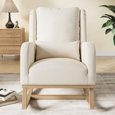 Schommelstoel – Comfortabele Loungestoel met Armleuningen en Kussen – Houten Schommelpoten – Met Versterkte Rugleuning en Zijzakken