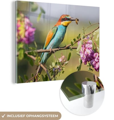 MuchoWow® Glasschilderij 40x30 cm - Schilderij acrylglas - Vogel - Bijeneter - Bloemen - Foto op glas - Schilderijen