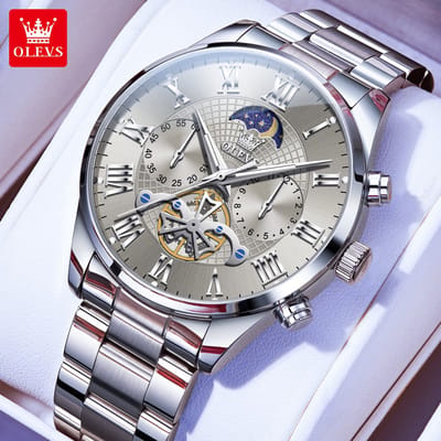 HO-3640.z-gy : Olevs zilverkl edelstaal chronografisch quartz horloge, grijze wijzerplaat, 2de tijdzone & uren & minuten & maanfase -aanduiding