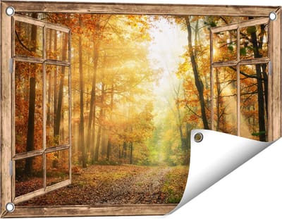 Gards Tuinposter Doorkijk Herfstbos met Zonneschijn - 60x40 cm - Tuindoek - Tuindecoratie - Wanddecoratie buiten - Tuinschilderij