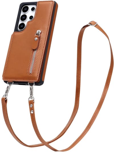CaseMania Backcase hoesje geschikt voor Samsung Galaxy S25 Ultra - Effen Cognac - Kunstleer - met Crossbody Koord, Pashouder & Ritsvakje