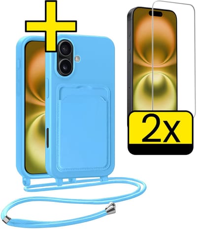 Hoesje Geschikt voor iPhone 16 Plus Telefoonhoesje Met Koord Case Pashouder Met 2x Screenprotector Siliconen - Hoes Geschikt voor iPhone 16 Plus Hoesje Met Kaarthouder - Lichtblauw