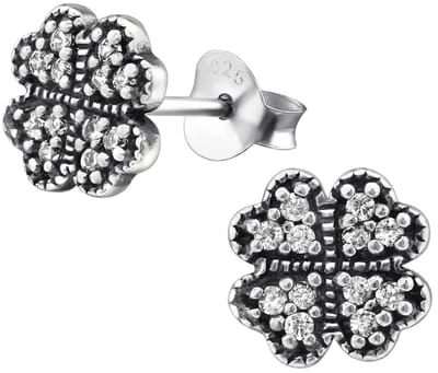 Joy|S - Zilveren klaver oorbellen - 8 mm - klavertje vier oorknoppen - zirkonia - geoxideerd