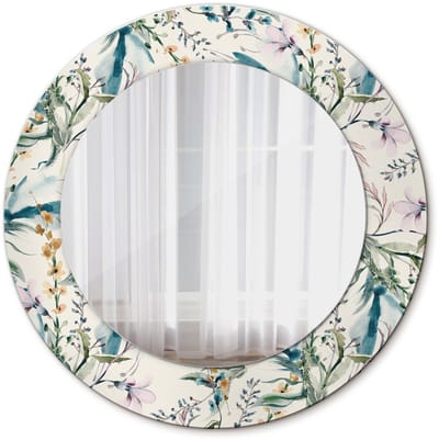 Tulup Spiegel - Ronde Spiegel - Spiegel op gehard Glas - Aquarelbloemen - Diameter: 50 cm - Crèmige - Badkamerspiegel - Gangspiegel - Eetkamer - Hal - Spiegel met een sierlijk motief - Decoratief Spiegel - Luxe Spiegel - Ophangsysteem