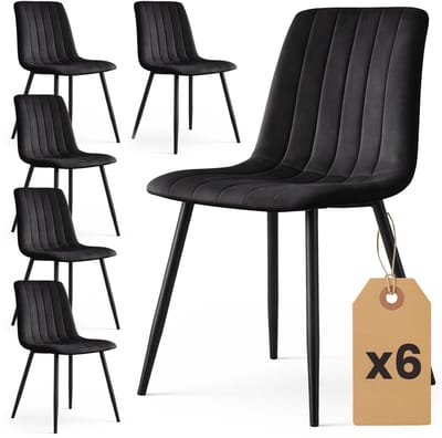 Set van 6 Eetkamerstoelen LIVO / Gestoffeerde Stoelen / Fluwelen Stoelen en Metalen Poten / Zwart met zwarte benen