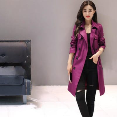 Nieuwe Lente Koreaanse Versie Effen Kleur Dunne Dubbelrijige Middellange en Lange Dames Trenchcoat XXXL black