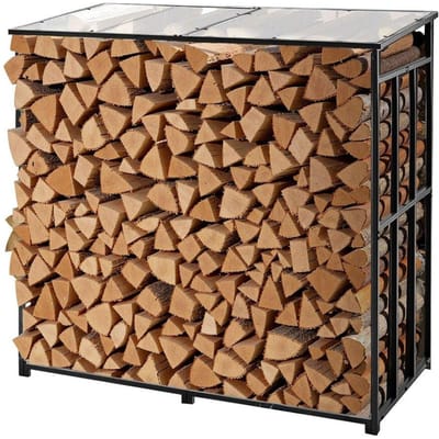 Râtelier à bois avec toit incliné, Support à bois d'extérieur 143 cm, Abri de stockage de bûches 1/4 de corde, Capacité de poids maximale 299 kg, Stockage de bois en métal thermolaqué