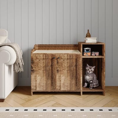 Moderne Houten Kattenbakombouw met Lade & Opbergvak - Hond-Proof Kattenkast met Sluiting - Soft-Close - Bijzettafel - bruin - 86x50x61.5CM