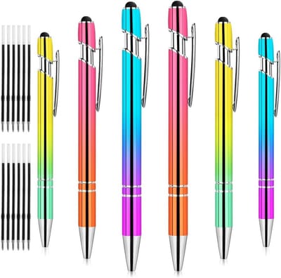 Set van 6 Ballpoint Pennen met 2-in-1 Stylus, Rubber Top, Metalen Design en 12 Navullingen voor Kantoor en Studie