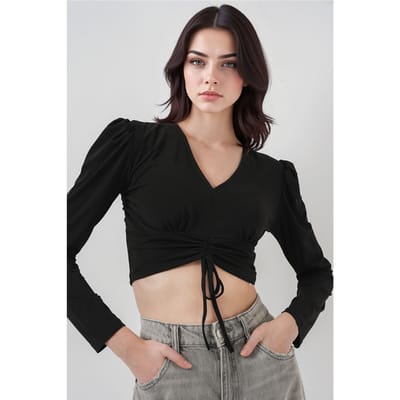 Gestructureerde V-hals Cropped Top met Rimpeldetail