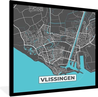 Fotolijst incl. Poster - Plattegrond - Vlissingen - Grijs - Blauw - 40x40 cm - Posterlijst - Stadskaart