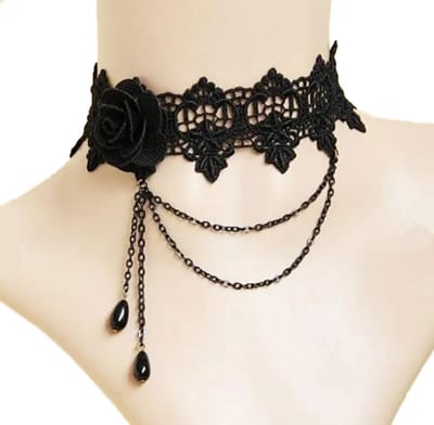 Plux Fashion Steen Zwarte Roos Choker - Zwart - 3cm/34cm + 7cm hangstuk - Sieraden - Stras Stenen - Fancy Choker - Choker - Stoffen Choker - HipHop Choker - Sieraden Cadeau - Duurzame Kwaliteit - Halloween - Oktoberfeest - Kerst - Halloween kostuum