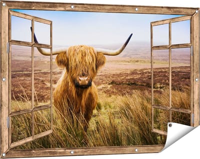 Gards Tuinposter Doorkijk Schotse Hooglander Koe in het Veld - 120x80 cm - Tuindoek - Tuindecoratie - Wanddecoratie buiten - Tuinschilderij
