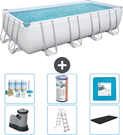 Bestway Rechthoekig Power Steel Zwembad - 549 x 274 x 122 - Grijs - Inclusief Pomp - Ladder - Afdekzeil Onderhoudspakket - Filter - Vloertegels