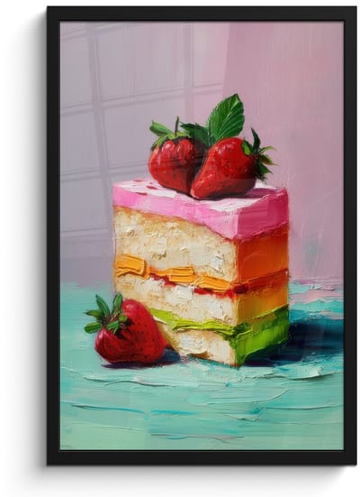 Poster in lijst - Fotolijst 40x60 cm - Posters - Taartje - Aardbeien - Glazuur - Kleurrijk - Posterlijst zwart - Decoratie - Wanddecoratie woonkamer - Muurdecoratie slaapkamer