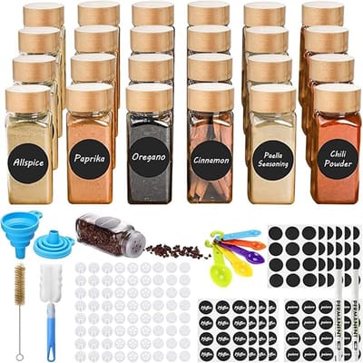 Kruidenpotjes,Set van 24 Vierkante glazen Kruidenpotjes,kruidenstrooier,kruidenpotjes met kruidenetiketten,Schoonmaakborstel,Trechter,Transparante Kruidenpotjes,Spice jars,voor de keuken