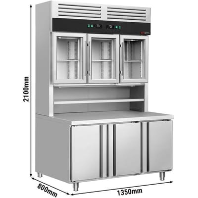 GGM Gastro Kühltisch mit Wandkühlregal - 1350x800mm - 3 Glastüren oben, 3 Türen unten - Arbeitsfläche