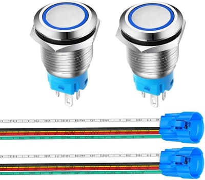 Gebildet 2pcs 0.63 inch/16mm Roestvrij staal Kortstondige Drukknop 12V-24V 5A LED 1NO1NC SPDT AAN-UIT Waterdichte Drukknop met Draadstekker(Blauwe LED)