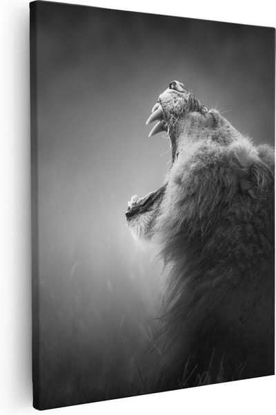 Artaza Canvas Schilderij Brullende Leeuw - Zwart Wit  - 40x50 - Foto Op Canvas - Canvas Print