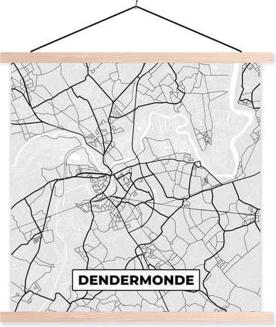 Posterhanger incl. Poster 40x40 cm - Schoolplaat - Zwart Wit – België – Plattegrond – Stadskaart – Kaart – Dendermonde - Textielposter - Blanke latten - Stadskaart