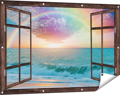 Gards Tuinposter Doorkijk Regenboog in het Water bij het Strand - 120x80 cm - Tuindoek - Tuindecoratie - Wanddecoratie buiten - Tuinschilderij