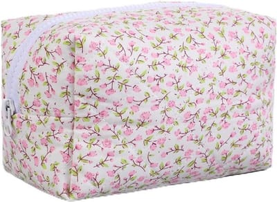 Floral Patroon Cosmetica Tas voor Vrouwen, Draagbare Toilettas voor Reizen, Kleine Make-up Tas in Roze met Ruimte voor Benodigdheden