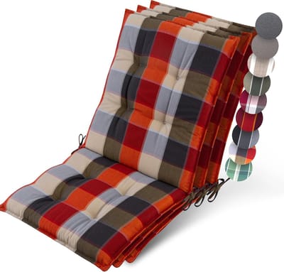 Beautissu Sun-NL – Set van 3 Premium Lage Rugleuning Kussen 100x50 cm - UV-bestendig & 8cm Dik Kussen Tuinstoelkussen Antislip Bevestigingsbanden – Stevige Stof Orange Beige Ruit